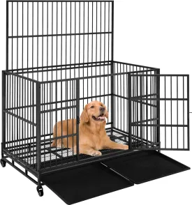 Yaheetech 48 Inch Heavy Duty Indestructible Dog Crate, Escape Proof Dog Kennel Rolling Dog Cage for Large Dogs with Double Door, Removable Trays, Sturdy Locks, Indoor/Outdoor, Black