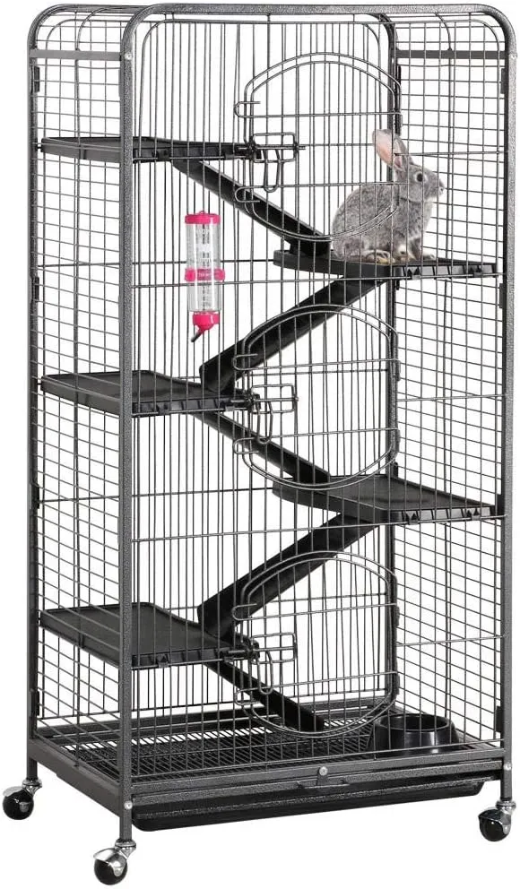 Yaheetech Multi Levels Rolling Large Ferret Cage - 52-inch Pet Chinchilla Bunny Squirrels Cage Small Animals Hutch w/ 3 Front Doors/Bowl/Water Bottle Black